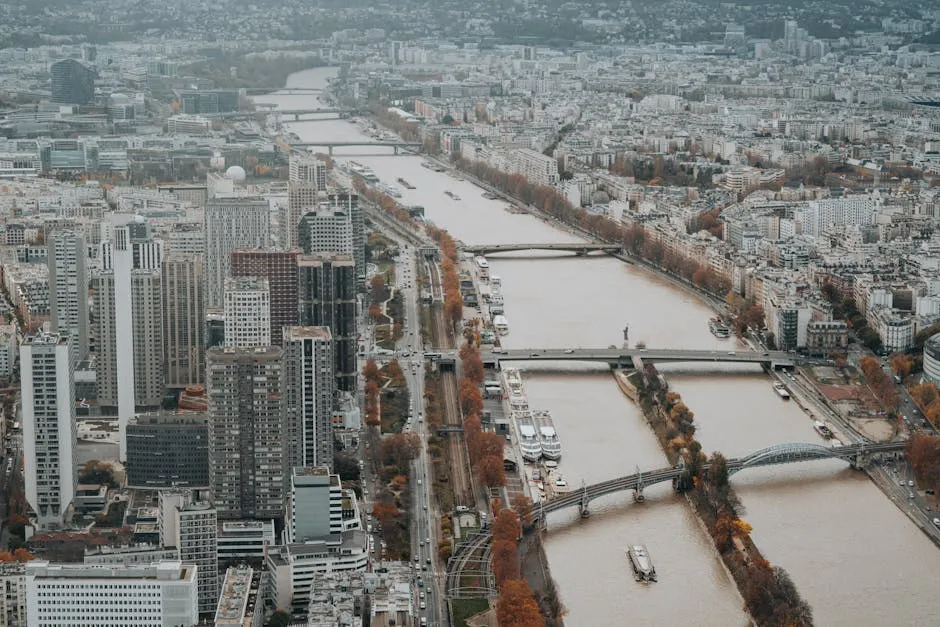 Aerial View of Paris on the Banks of River Seine in Autumn