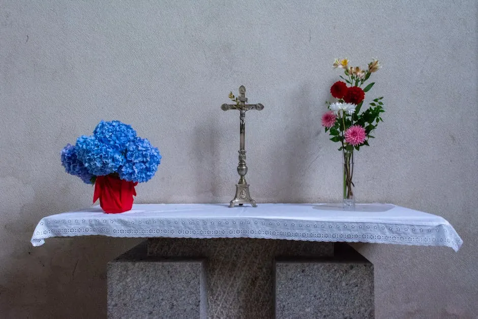 Simple Altar with Cross and Flowers