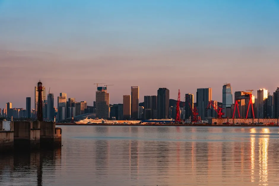 Vibrant City Skyline at Sunset with Harbor View