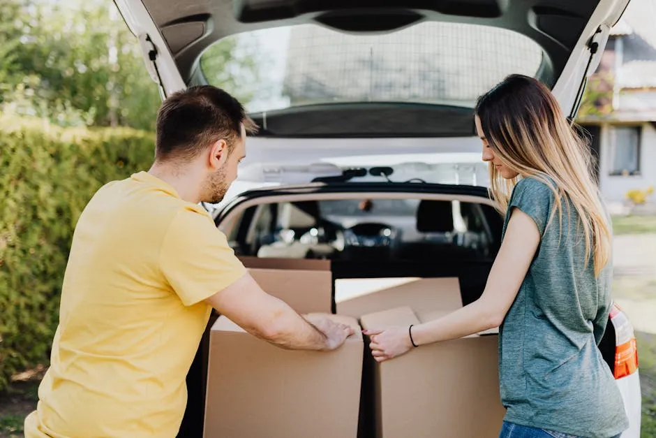 Calm couple putting carton boxes into car trunk