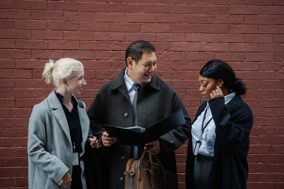 Positive diverse business people examining documents on street