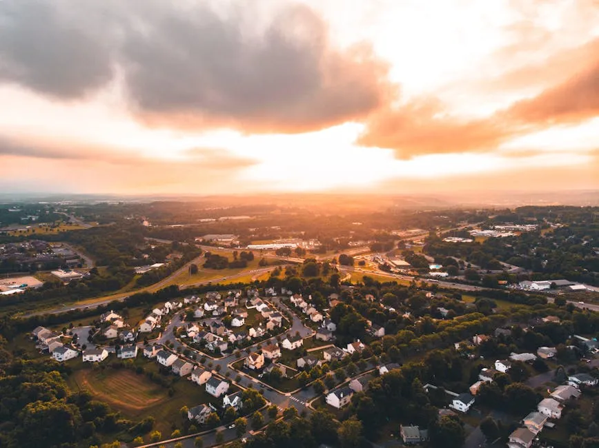 Aerial View of Residential Area during Sunset