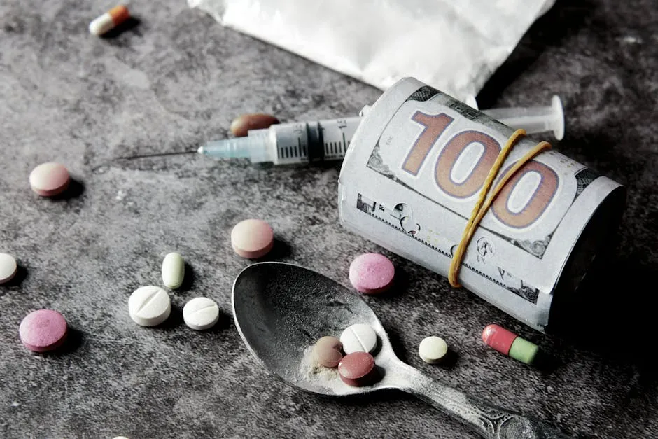 A Close-Up Shot of a Roll of Money and Various Drugs 