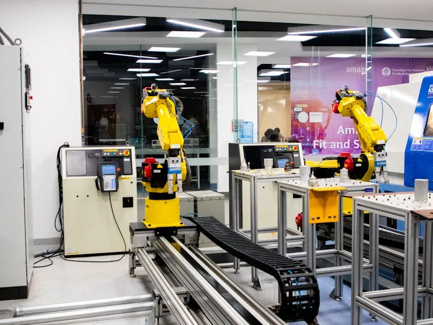 Robots are working in a factory with a machine