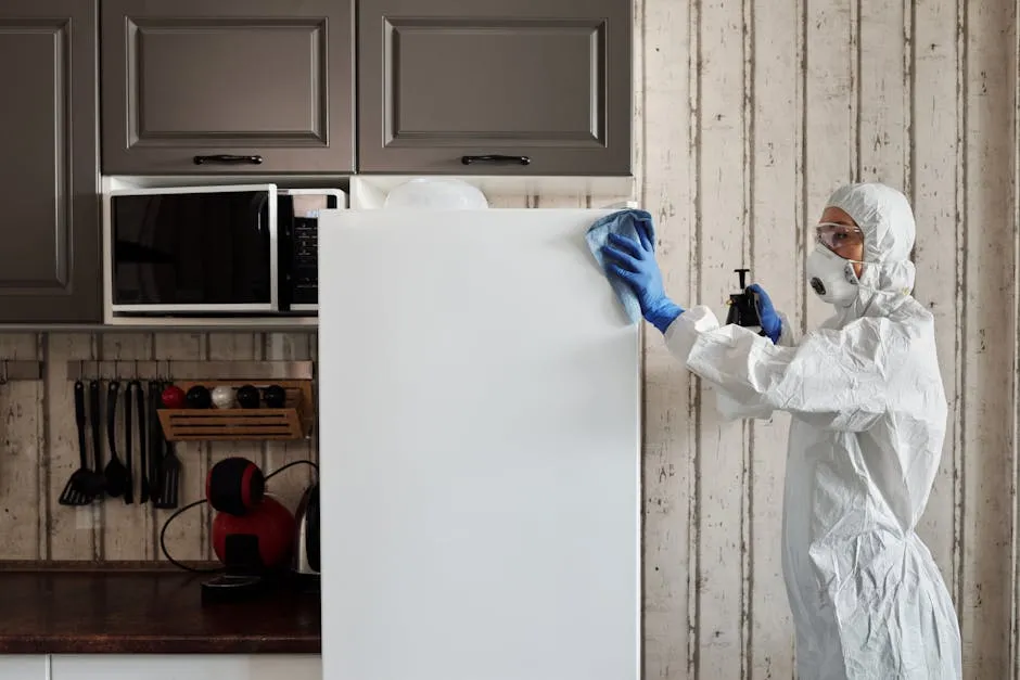 Person in Protective Suit Disinfecting A Refrigerator