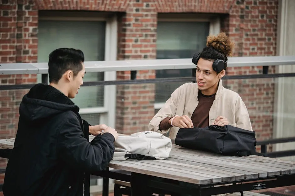 Diverse friends at table with backpacks