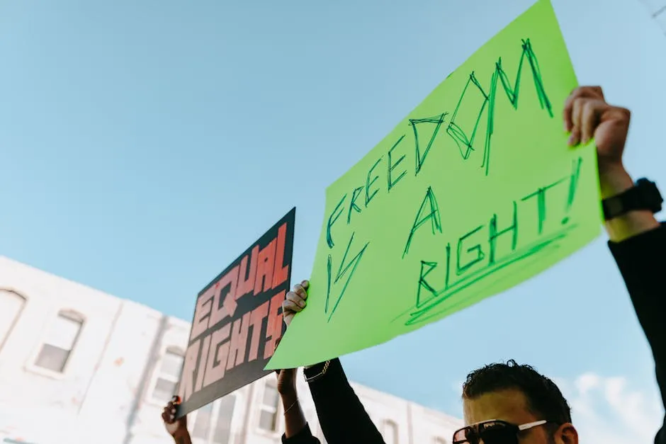 People Holding Placards Under Blue Sky