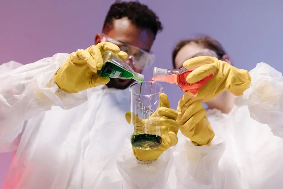 Medical Professionals pouring Liquid in a Beaker 