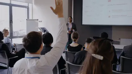 Horizontal video: A man asking the speaker a question at a conference 8716790. Duration: 33 seconds. Resolution: 3840x2160