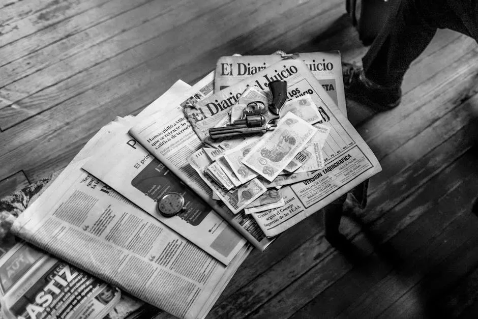 A black and white photo of a newspaper on a table