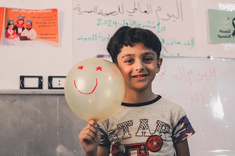 A child holding a balloon smiling on World Mental Health Day