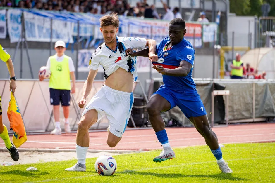 Intense Soccer Match with Players Battling for Ball
