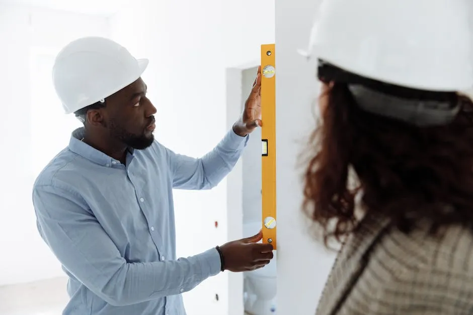 A Man in Blue Long Sleeves Wearing Hard Hat Checking the Wall Using Spirit Level