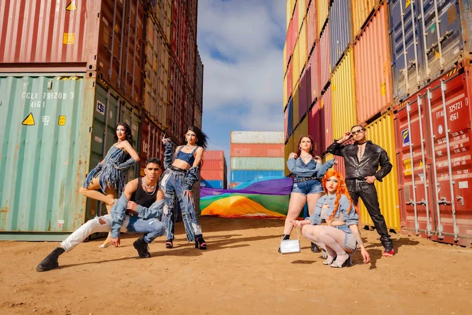 People Posing among Colorful Containers