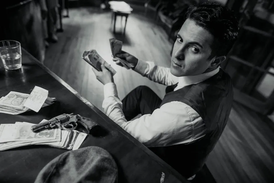 Man Counting Money While Sitting by Desk with Gun