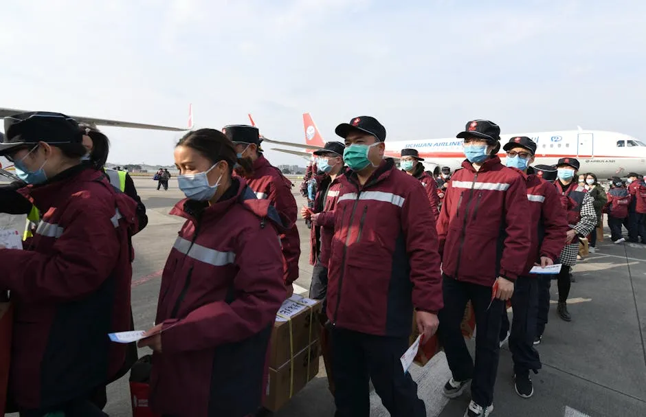 Men and Women in Red Jackets Walking at Airport