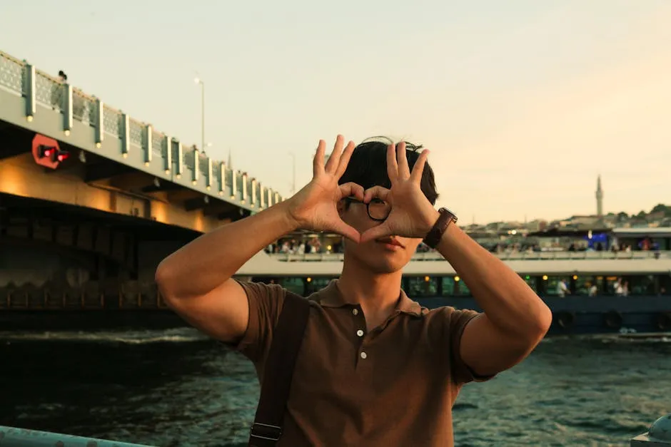 Man Making Heart Shape of Hands on Sea Shore in Istanbul