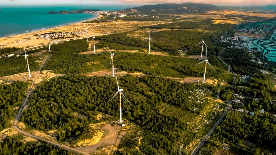 Aerial View of Coastal Wind Turbine Farm