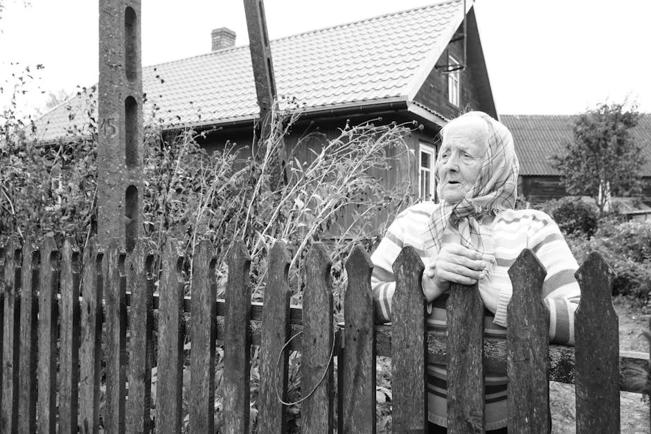 Elderly Woman in Rustic Farmhouse Setting