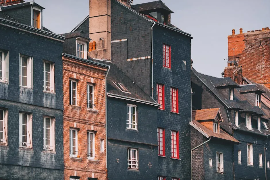 Low angle of aged shabby brick residential buildings with mansard windows against cloudy sky at sunset in Honfleur