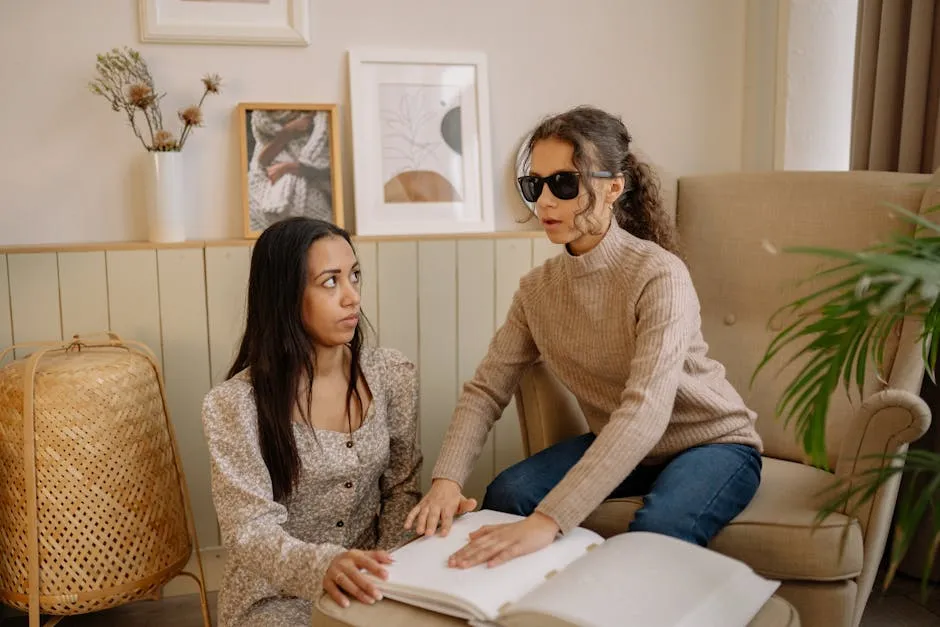 A Woman Teaching a Girl to Read a Braille