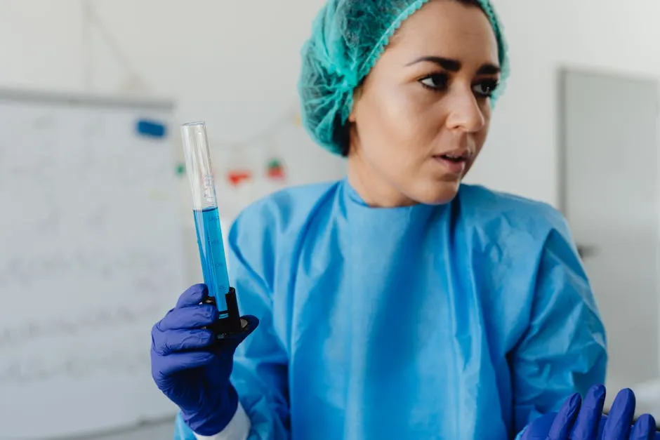 Close-Up Shot of a Woman in a Lab Gown Holding a Test Tube