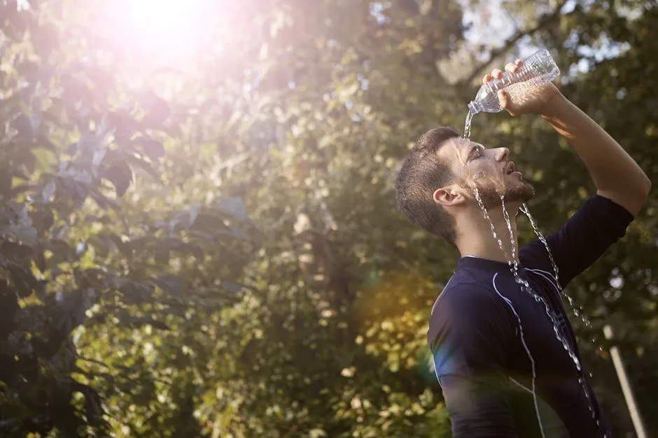 Man in Blue Crew Neck T-shirt While Pouring Water on His Face