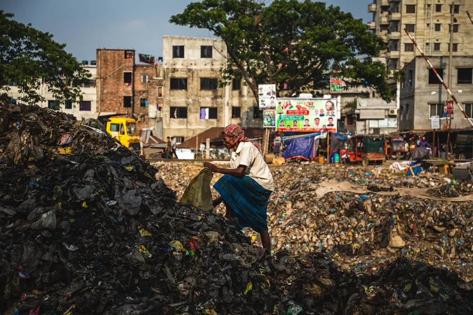 Person Collecting Trash on Pile of Garbage