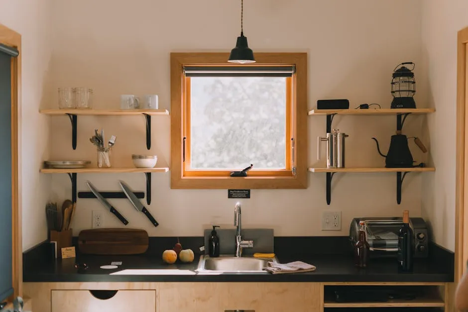 Modern kitchen interior with wooden shelves and hanging lamp above sink in light home