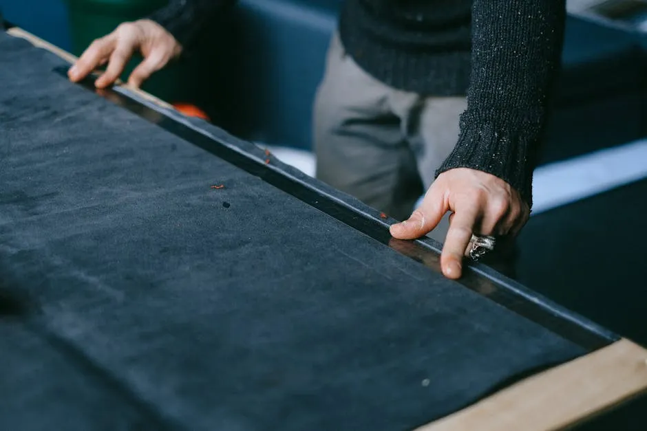 High angle of crop anonymous male tailor using metal ruler and measuring piece of cloth at workbench in atelier