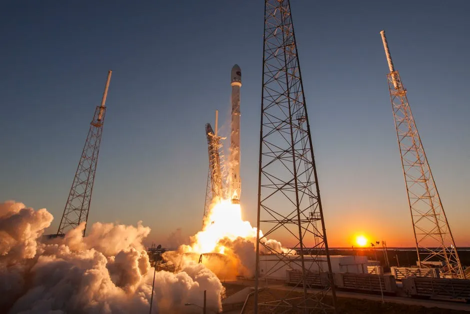 Spacecraft launching into orbit during sundown