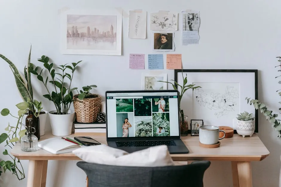 Modern workplace with netbook and cellphone on opened notepad on table with different potted plants