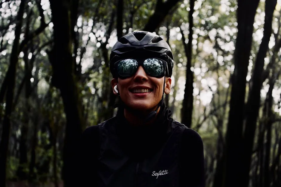 Cyclist Smiling in Forest with Helmet and Sunglasses