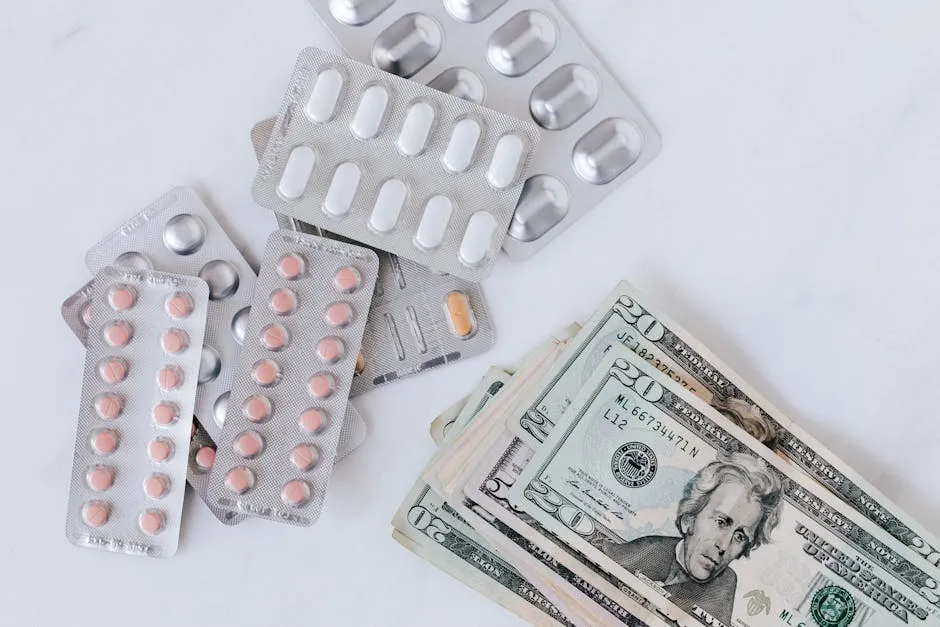 Top view of different blisters of medications and pills composed with heap of paper money