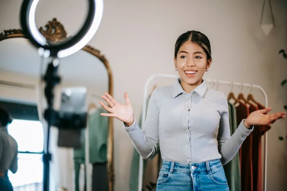 Happy young ethnic female blogger in blouse and jeans standing in wardrobe and using phone with ring light while filming vlog about trendy clothes near mirror