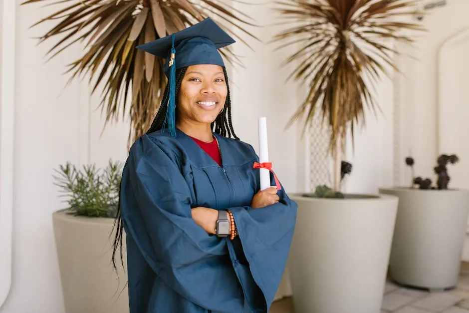 Woman in Academic Gown Holding a Rolled Certificate while Smiling at the Camera