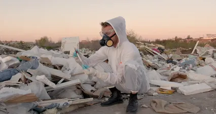 Horizontal video: Man getting a sample for testing of the trash 8829372. Duration: 20 seconds. Resolution: 4096x2160