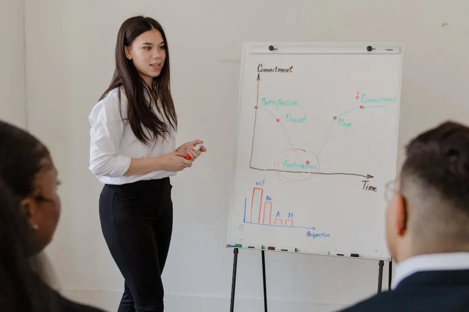 A Woman Doing a Presentation Using Graphs on a Whiteboard