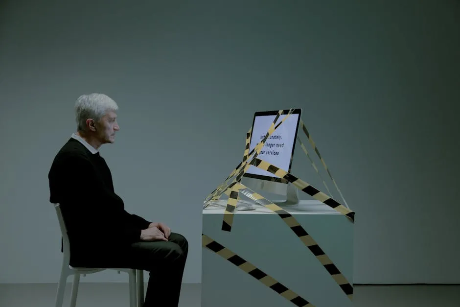 Elder man sitting in front of a computer tied with black and yellow tape