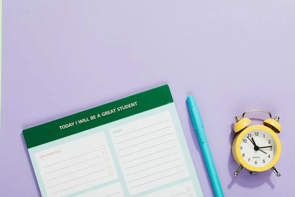 A Ball Pen Beside a Planner and Alarm Clock