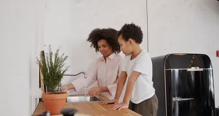 Horizontal video: A mother teaching her kid how to wash hands 7123786. Duration: 24 seconds. Resolution: 2048x1080