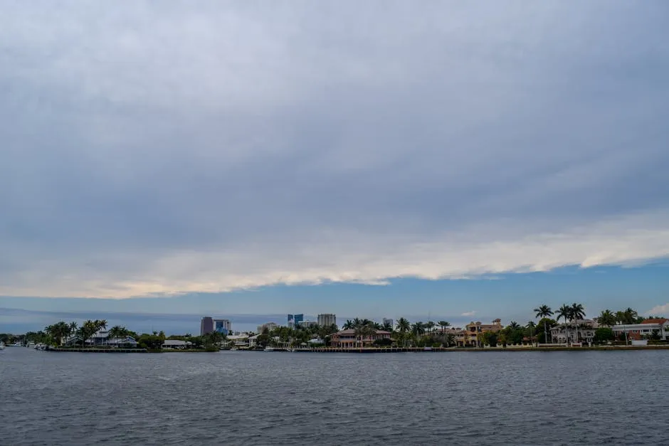 View of Houses and Palm Trees on a Shore seen from a Body of Water 