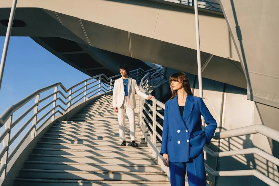 Woman in a Blue Suit and a Man in a White Suit Standing on a Staircase