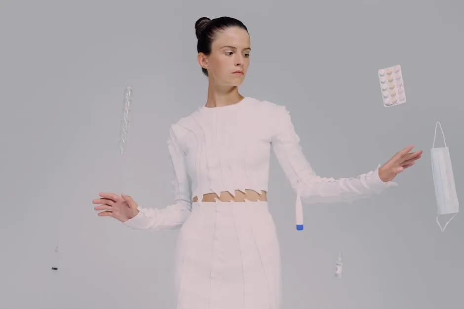 A female scientist standing rounded by medical products