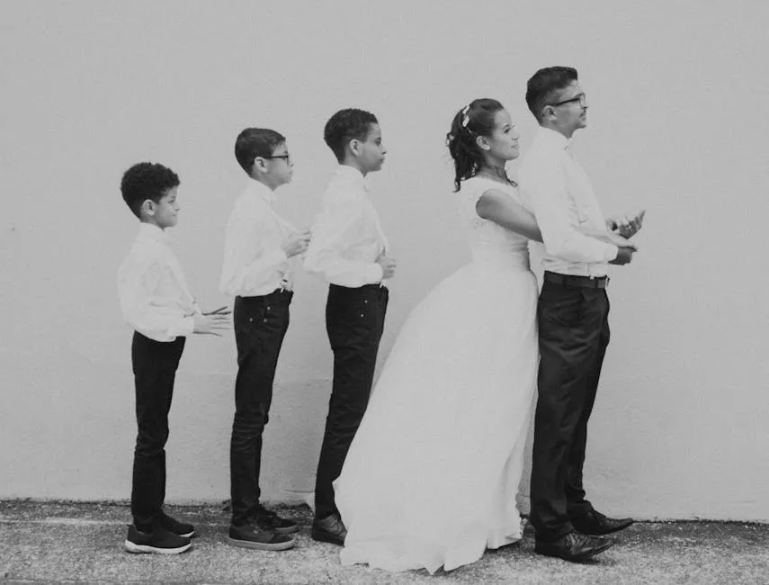 Woman in Wedding Dress Hugging Man with Children behind