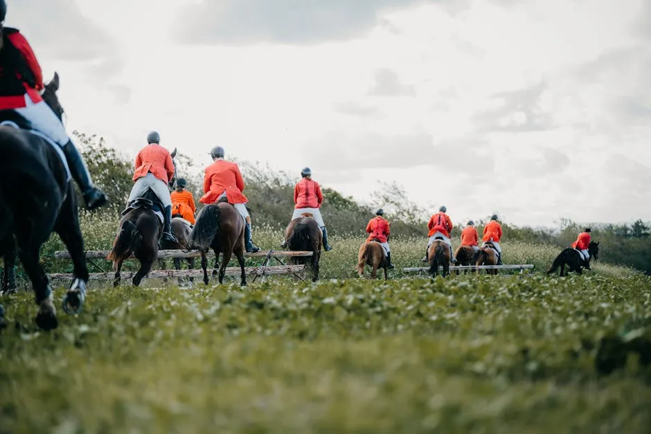 Hunters in Red Jackets Jumping over Steeplechases