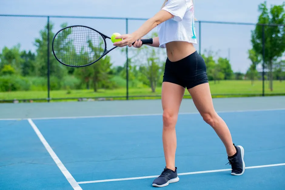 Woman Wearing Black Shorts and White Crop Top Holding Tennis Racket and Tennis Ball