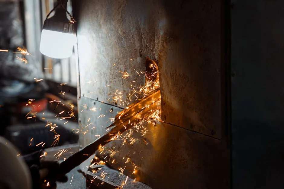 Close-up of Sparks Flying from Metal Grinding Process 