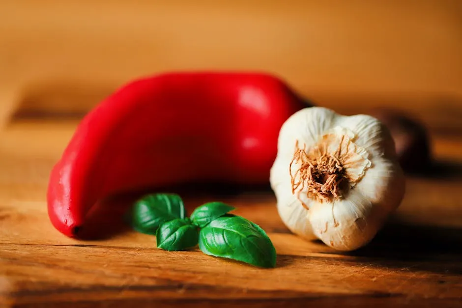 Fresh Ingredients: Garlic, Basil, and Red Pepper