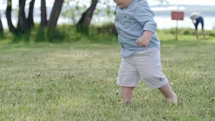 Horizontal video: A mother training her young child to walk in the grass the park 3196096. Duration: 19 seconds. Resolution: 3840x2160
